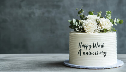 Happy anniversary at work is joyful occasion celebrated with beautiful cake adorned with fresh flowers