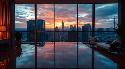 Window view of Manhattan cityscape Buildings from High Rise Window