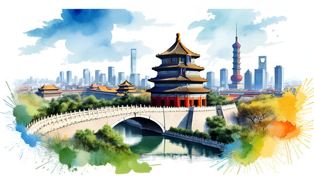 Building view with landmark of Beijing alternatively romanized as Peking is the capital of the Republic of China. Watercolor splash with hand drawn sketch illustration in vector.