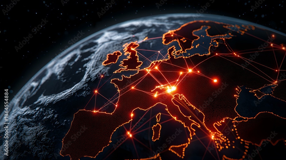 Poster a stylized image of europe at night, depicted as a glowing network of interconnected nodes and lines