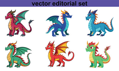 Dragon Vector Editorial Set, A playful set of colorful dragon illustrations in vector format, ideal for creative and editorial design projects.
