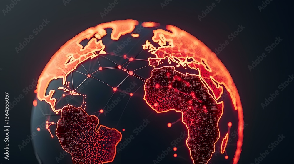 Poster a digital rendering of the earth, depicted as a glowing orange sphere with a network of interconnect