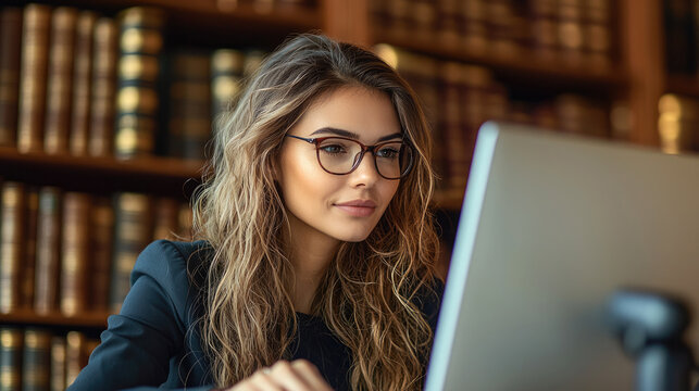 focused female lawyer is working on computer in library filled with law books, showcasing her dedication and professionalism in legal environment