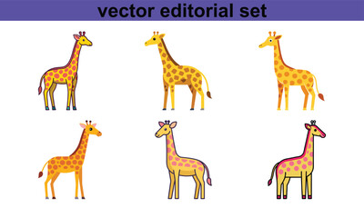 Vector Editorial Set of Playful Giraffes, A fun vector illustration set featuring cheerful giraffes in different poses, perfect for animal-themed designs and editorial use.
