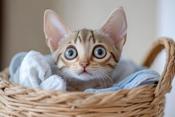 A kitten sits peacefully in a wicker basket surrounded by a soft towel