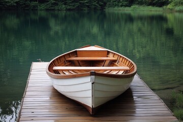 Naklejka premium A wooden boat sits on top of a wooden dock, perfect for lake or river scenery