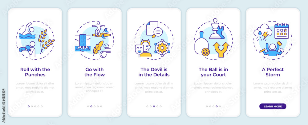 Poster life challenges idioms onboarding mobile app screen. problem solving. walkthrough 5 steps editable g