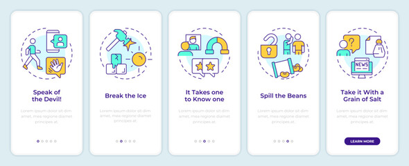 Fototapeta premium Social networking onboarding mobile app screen. Relationships, friendship. Walkthrough 5 steps editable graphic instructions with linear concepts. UI, UX, GUI. Montserrat SemiBold, Regular fonts used