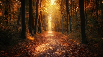 Obraz premium A sun-drenched forest path winds through tall trees, covered in fallen autumn leaves