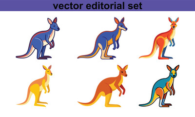 Kangaroo Vector Editorial Set, A colorful set of kangaroo illustrations in vector format, ideal for creative and editorial design projects.
