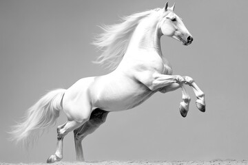 Fototapeta premium A majestic white horse stands up on its hind legs, free and powerful