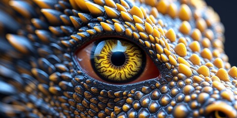 A close up of a dragon's eye with yellow eyes