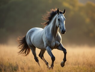 Obraz premium a magnificent horse running through a golden field. The horse has a gray coat with a dark mane and tail that are flowing dynamically, indicating movement. 