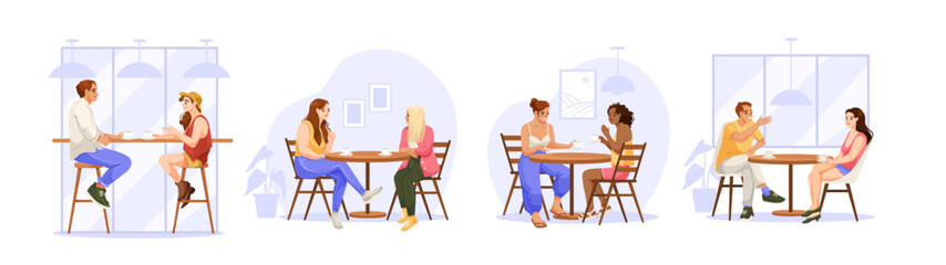 Groups of people sitting at tables in a cafe, chatting and drinking coffee. Cozy atmosphere with modern interior. Concept of social interaction. Vector illustration