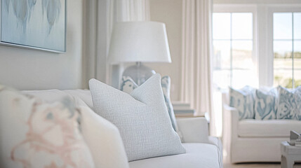 Coastal inspired decor interiors, blending soft blues, crisp whites, and delicate pastels with luxurious textures and refined details