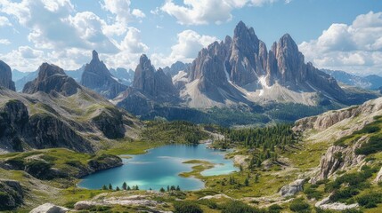 Obraz premium Scenic landscape of a mountain range with a lake in the foreground, suitable for use in travel and tourism contexts