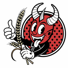 Cheerful Cartoon Devil with Wheat Giving Thumbs Up in Retro Style