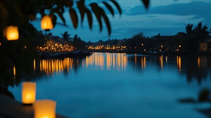 A serene lake surface filled with numerous lit candles, perfect for peaceful evening scenes or romantic getaways