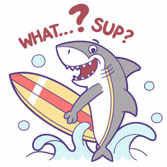 Playful Shark Surfer Cartoon Illustration: What Sup?