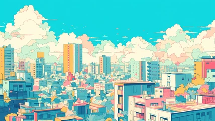 Gardinen 『青空に白い夏雲が広がる爽やかな都市風景・アニメ風レトロポップカラーのイラスト背景素材・明るい日差しと街並みが美しい都会の日常風景・夏の午後の街並み・ノスタルジックで清々しい情景 © 963k