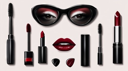 Obraz premium Cosmetics and fashion background with make up artist objects: lipstick, eye shadows, mascara ,eyeliner, nail polish, sunglasses. Vector illustration.