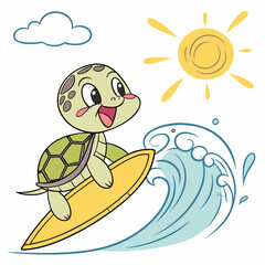 Adorable Turtle Surfing on a Yellow Surfboard Under the Summer Sun