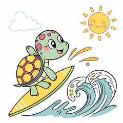 Adorable Turtle Surfing Summer Wave, Cartoon Illustration