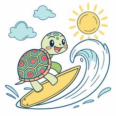 Adorable Turtle Surfing Ocean Wave Summer Fun Cartoon Illustration