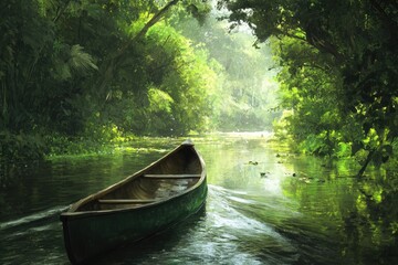 A serene image of a green canoe floating on the surface of a peaceful river