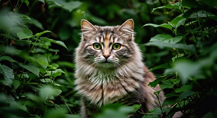 A Ragamuffin Cat With a Mix of Long and Semi-Long Fur, Blending Seamlessly Into a Dense Jungle Environment