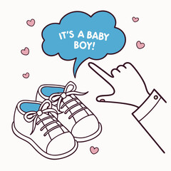 It's a Baby Boy! Announcement with Cute Baby Shoes and Hand