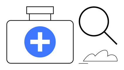 First aid box with blue cross, magnifying glass for research, and cloud for innovation. Ideal for healthcare, emergency aid, analysis, discovery, safety, cloud computing minimal flat simple metaphor
