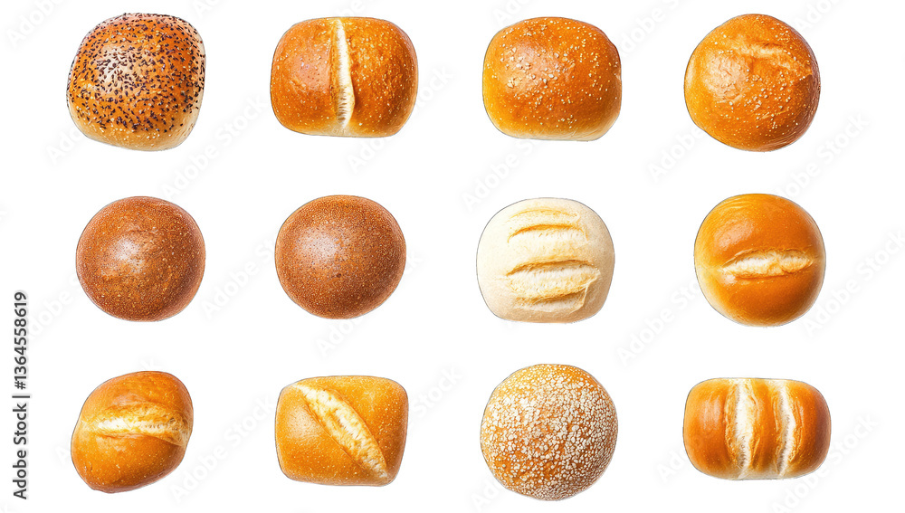 Poster a variety of bread rolls displayed in a grid pattern showcasing