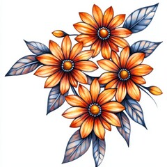 Watercolor Illustration of a Bouquet of Orange Flowers with Gray Leaves