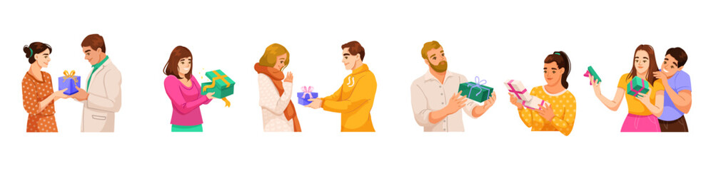 Various people exchanging wrapped gifts in different situations, expressing happiness and surprise. Colorful background. Concept of celebration. Vector illustration