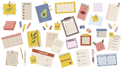 Stationery set with notebooks, calendars, sticky notes, and office supplies in a colorful, hand-drawn style on a white background. Organization concept. Vector illustration