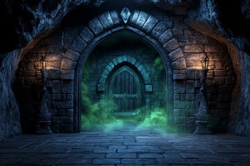 A cursed dungeon where green mist seeps through the cracks, and eerie whispers echo in the darkness