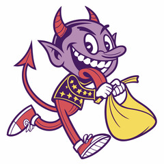 Mischievous Cartoon Devil Running with a Bag of Treats