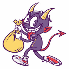 Mischievous Cartoon Devil Running with a Bag of Gold
