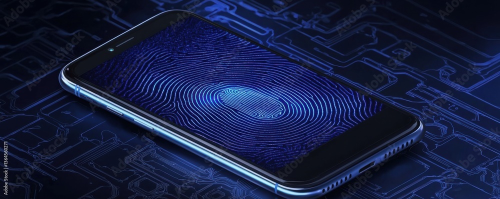 Poster a sleek smartphone displays a blue fingerprint pattern against a circuit-like background, symbolizin