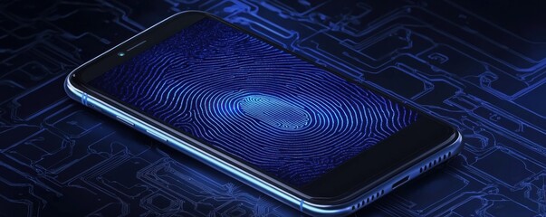 A sleek smartphone displays a blue fingerprint pattern against a circuit-like background, symbolizing security and technology.