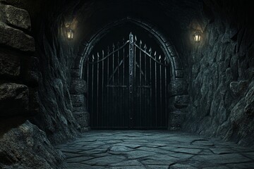 A dark medieval dungeon corridor, with heavy iron gates slightly ajar, revealing a deep mysterious passageway
