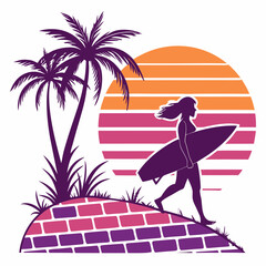 Silhouette Surfer Girl Walking on Brick Path at Sunset