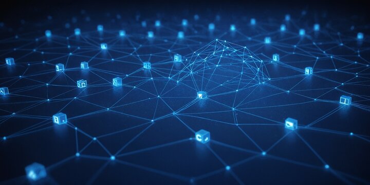 Digitales Netzwerk mit Datenknotenpunkten und zentraler k&uuml;nstlicher Intelligenz in einem virtuellen 3D-Raum dargestellt durch leuchtende Linien und Verbindungen