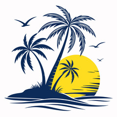 Tropical Island Sunset Scene with Palm Trees and Seagulls