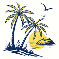 Tropical Sunset Scene with Palm Trees, Birds, and Ocean