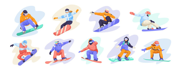 Set of snowboarders in colorful winter gear performing tricks on snowboards. Dynamic poses on abstract backgrounds. Extreme sports concept. Vector illustration