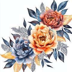 Watercolor Autumn Floral Bouquet Elegant Peonies and Leaves
