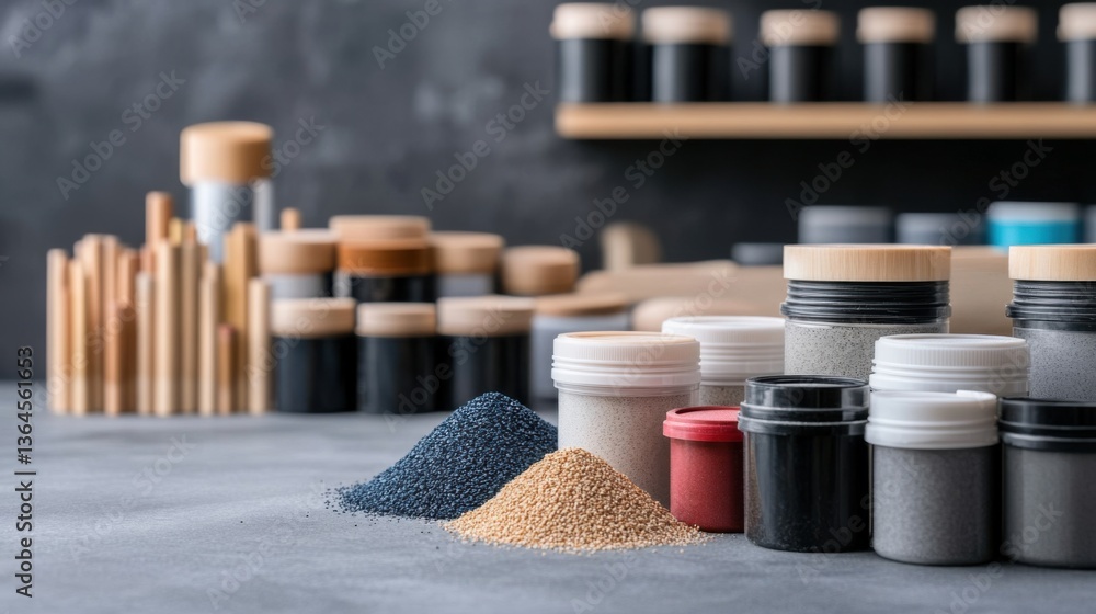 Poster various containers of colorful powders and textures on a modern table with minimalist design element