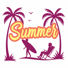 Summer Vacation: Surfer and Beach Chair Silhouette with Palm Trees